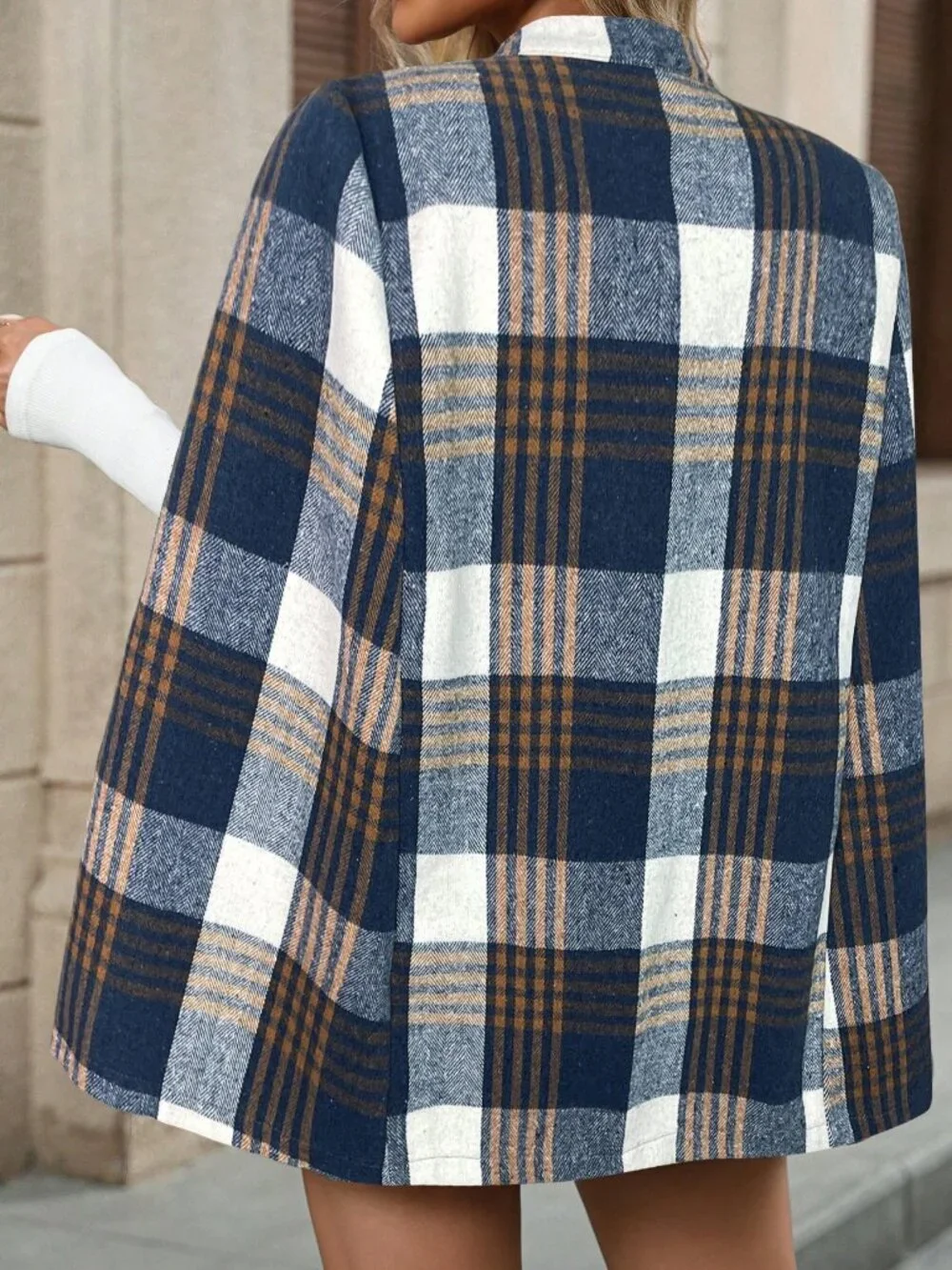 Blue Casual Women's Plaid Poncho Sleeve Elegant Loose Coat